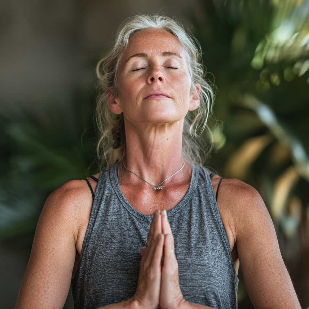 Middle-aged woman practicing mindful breathing during yoga session