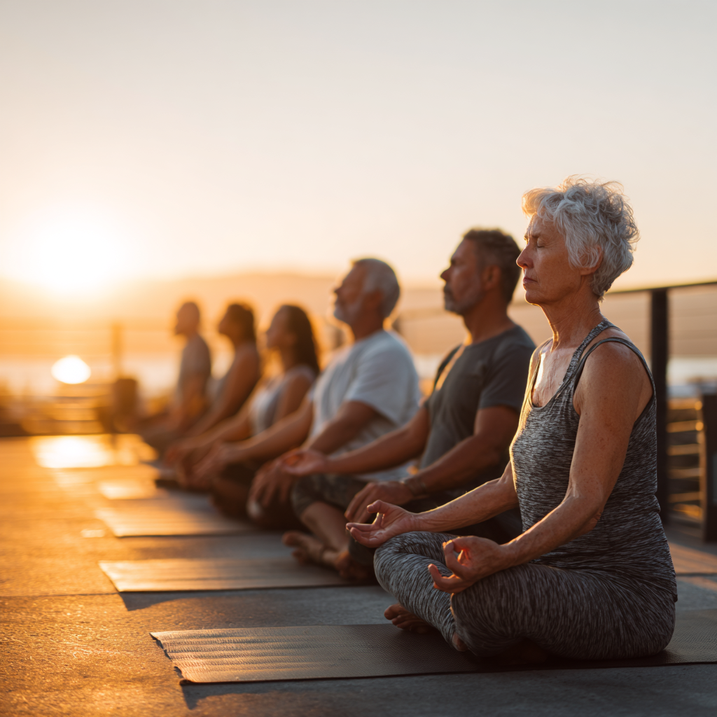 Older adults in peaceful yoga poses during sunset session